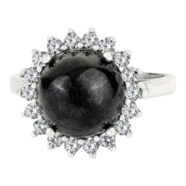 Vintage Inspired Natural Black Star & Zircon Halo Cocktail Ring Size 8.5 For Sale
