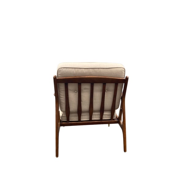 2020s Anthropologie Haverhill Lounge Chair — Walnut + Brass + Oatmeal Linen, Never Used For Sale - Image 5 of 6