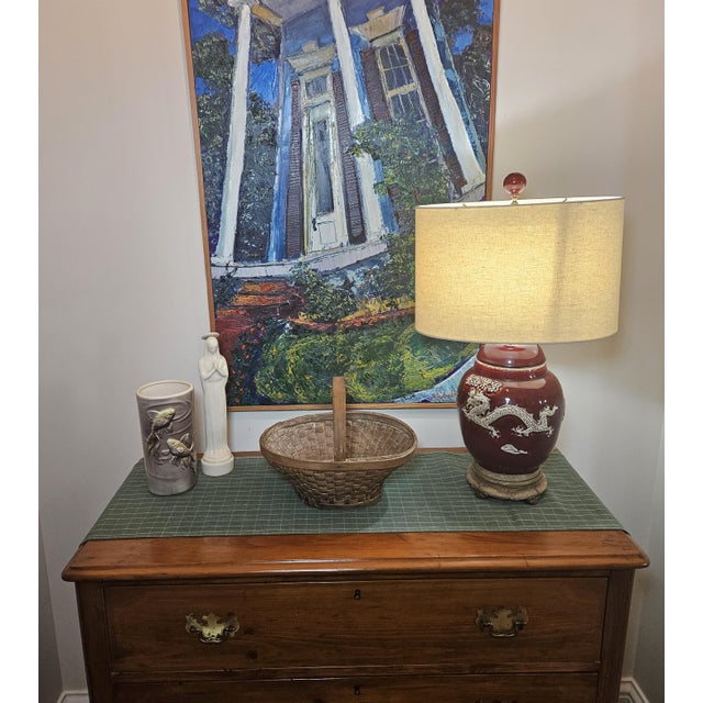 19th-century American oak gathering basket with a bentwood or steam-bent handle and a double-braided rim. Nail heads with...
