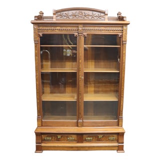Victorian Eastlake Walnut and Burl Wood Bookcase Cabinet For Sale