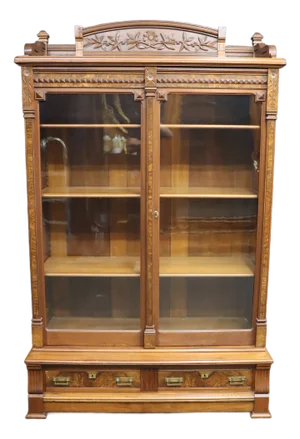 Victorian Eastlake Walnut and Burl Wood Bookcase Cabinet