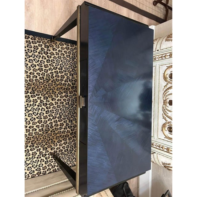 Brand new never used Currey & Company Kallista Blue writing desk Has dark sapphire, caviar black and antique brass...