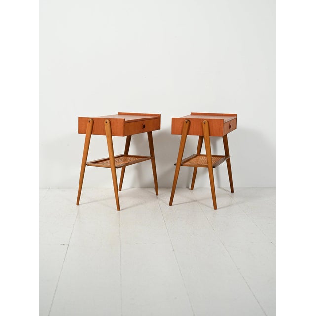 Scandinavian Teak Bedside Tables with Vienna Straw, 1950s, Set of 2 For Sale - Image 4 of 11