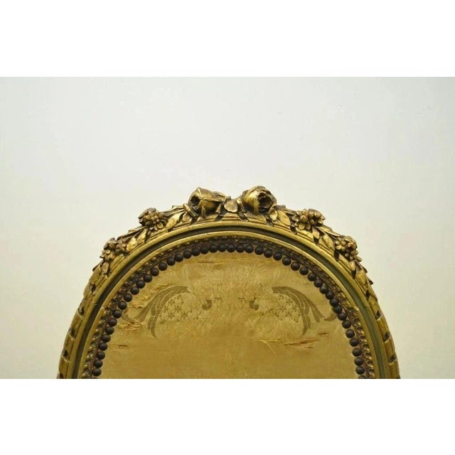 French Antique French Louis XVI XV Carved Giltwood Green & Gold Oval Fireplace Screen For Sale - Image 3 of 10