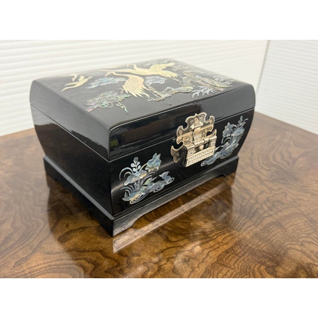 Late 20th Century Korean Black Lacquer + Mother of Pearl Locking Jewelry Box, Large For Sale - Image 5 of 12