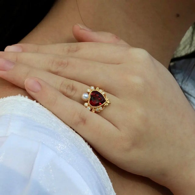 Kai "On My Heart" Garnet Diamond Pearl Cocktail Ring, size 9 For Sale - Image 9 of 12
