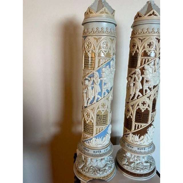 RARE Pair Antique V&B Mettlach 16" Relief Tower Steins #168 Medieval Scene For Sale In San Francisco - Image 6 of 11
