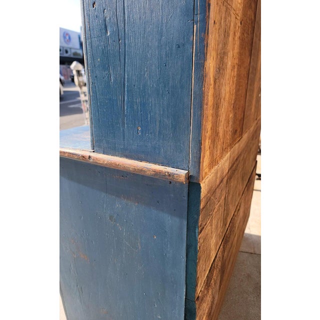 19th Century Early 19Thc Original Blue Painted Step Back Pewter Cupboard For Sale - Image 5 of 9
