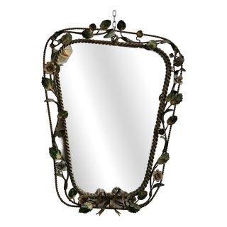 Italian Hand-Painted Floral Wrought Iron Mirror with Ribbon Motif, 1950s For Sale