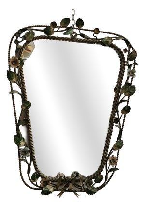 Italian Hand-Painted Floral Wrought Iron Mirror with Ribbon Motif, 1950s