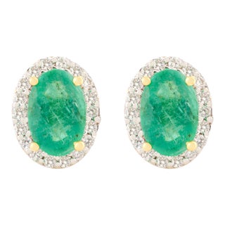 Statement Oval Emerald Diamond Everyday Studs Earring in 14k Yellow Gold- A Pair For Sale