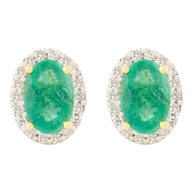 Statement Oval Emerald Diamond Everyday Studs Earring in 14k Yellow Gold- A Pair For Sale