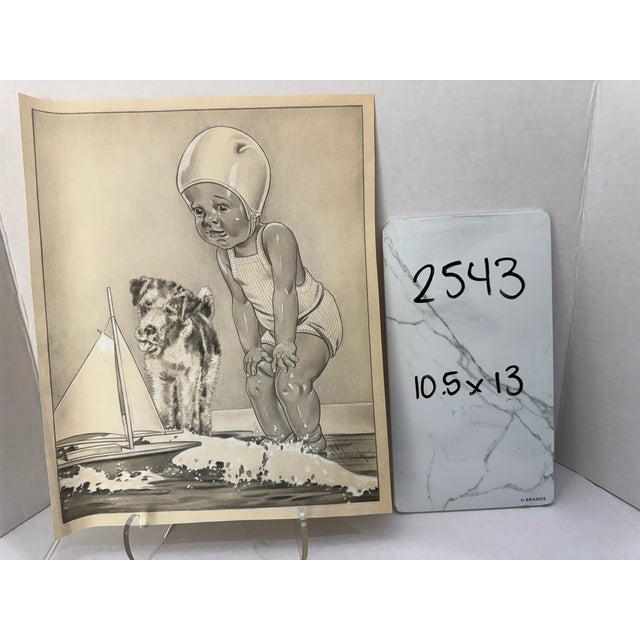 1940s Original Signed Graphite Illustration of Child With Toy Sailboat and Dog, 13 × 10.5 In. For Sale In Atlanta - Image 6 of 6