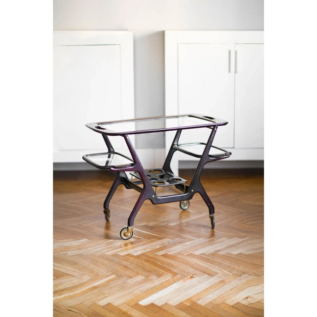 Mid-Century Wooden Structure Brass Service Bar Trolley with Three Removable Trays by Cesare Lacca, 1950s For Sale - Image 6 of 6