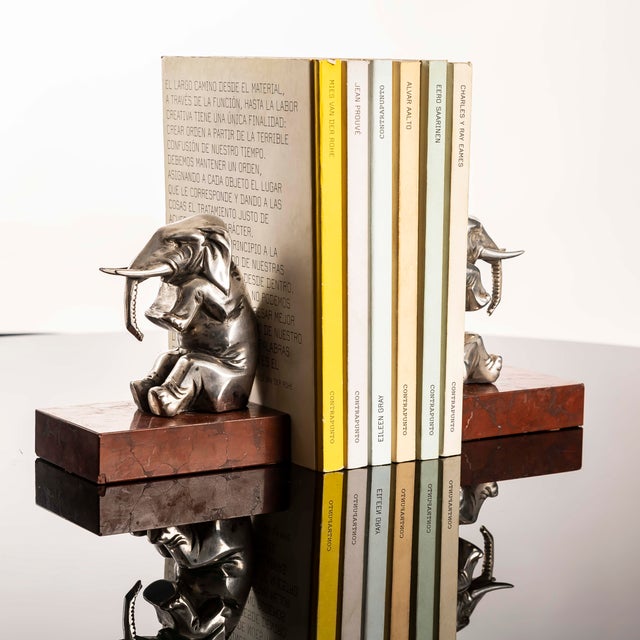 Art Deco Bookends with Elephants in Silver-Plated Metal and Rouge Royal Marble, 1930, Set of 2 For Sale - Image 9 of 12
