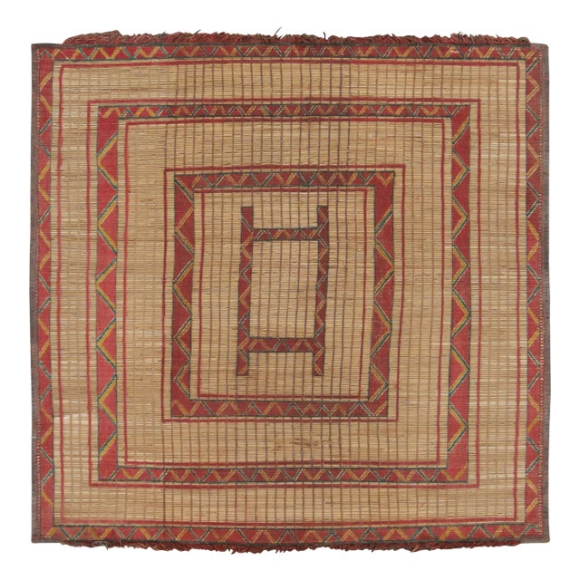 Vintage Square Tuareg Mat in Red and Green Tribal Geometric Patterns For Sale