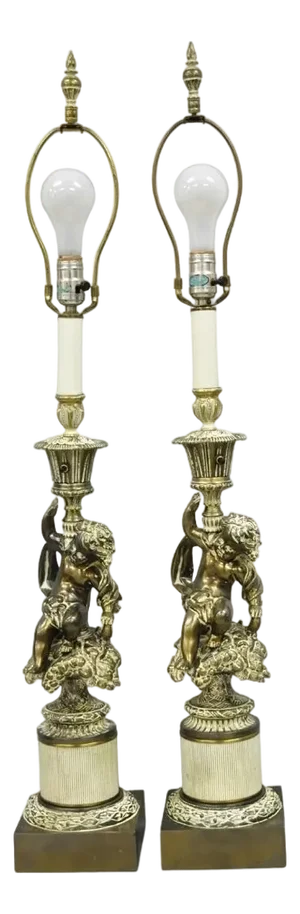Vintage Hollywood Regency French Style Figural Cherub Metal Table Lamps - A Pair