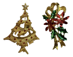 Gerry’s Vintage Christmas Brooch Set of 2 StarTree and Poinsettia Holly