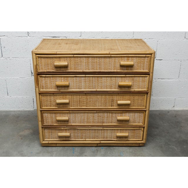 1970s rattan chest of drawers with 5 drawers. It is in very good condition with clean drawers. Drawer dimensions (usable):...
