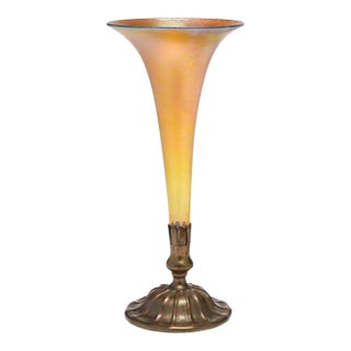 Tiffany Studios Iridescent Gold Favrile Glass and Bronze Base Trumpet Vase For Sale