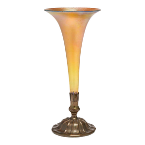 Tiffany Studios Iridescent Gold Favrile Glass and Bronze Base Trumpet Vase