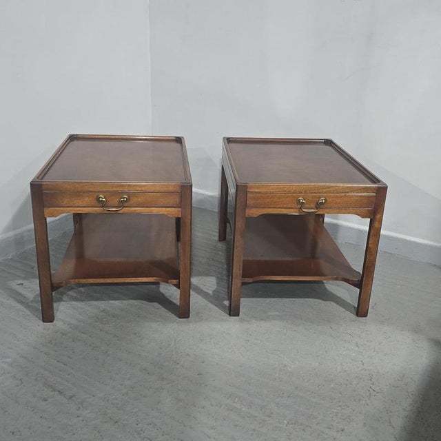 Superb pair solid mahogany single drawer end lamp tables with undertiers, in excellent overall condition with wonderfull...