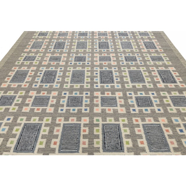 Contemporary Swedish Geometric Wool Flatweave Rug Architectural Nordic Design For Sale - Image 11 of 11