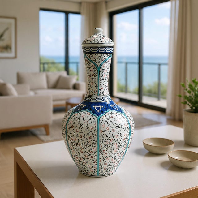 Handmade Ceramic Lidded Vase (30cm) Traditional Ottoman “Golden Horn” (Haliç) Style with Turquoise Bands – Decorative Art Object For Sale - Image 4 of 9