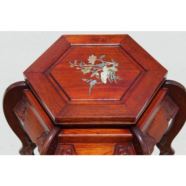 Cinnamon Vintage Chinese Rosewood Hexagonal Plant Stand / Pedestal With Mother-of-Pearl Inlay For Sale - Image 8 of 16