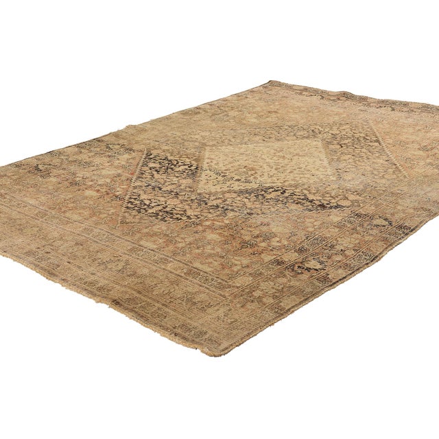 78987 Distressed Antique Persian Mahi Tabriz Rug, 04'04 x 06'06. This hand-knotted wool distressed antique Persian Mahi...