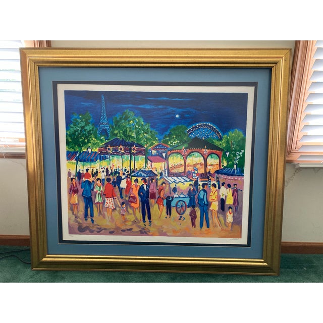 Wood Jean-Claude Picot Signed Print Paris Eiffel Tower Carnival Colorful Custom Mat With Gold Wooden Frame For Sale - Image 7 of 7