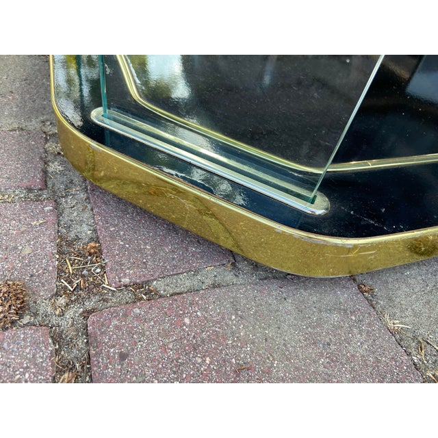 Vintage Hollywood Regency Style Black Lacquer and Glass Floating Coffee Table With Patina For Sale - Image 12 of 18