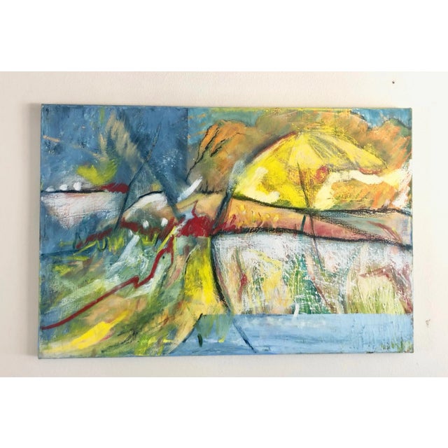 Abstract painting on canvas. Yellow, blue, green tones. If you look hard enough, you can spot an umbrella and a duck!