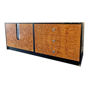 Vintage Milo Baughman Style Burl and Black Dresser or Credenza in Modern Design