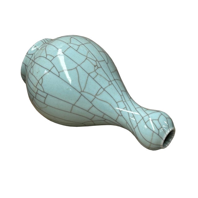 1980s Crackle Pattern Aqua Blue Flare Slender Neck Ceramic Vase For Sale - Image 5 of 7