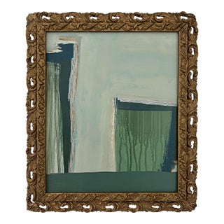 “Seahorse" Green Abstract Art in Vintage Frame, Transitional Living Room Art by JTS For Sale