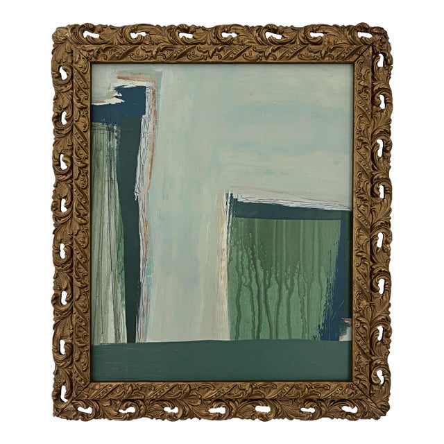 “Seahorse" Green Abstract Art in Vintage Frame, Transitional Living Room Art by JTS For Sale