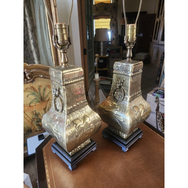 Pair of Brass Archaic Style Lamps For Sale - Image 10 of 11