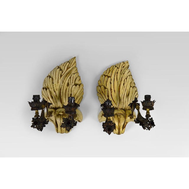 Metal Hollywood Regency Sconces in Carved, Painted and Patinated Wood, 1950s, Set of 2 For Sale - Image 7 of 16