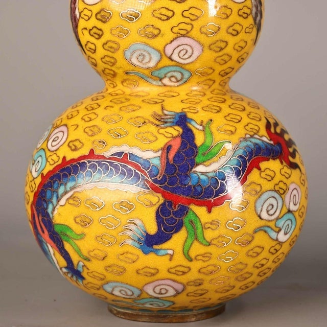 Vintage Chinese Yellow Cloisonné Dragon & Phoenix Double-Gourd Vase - 1300g For Sale - Image 10 of 10