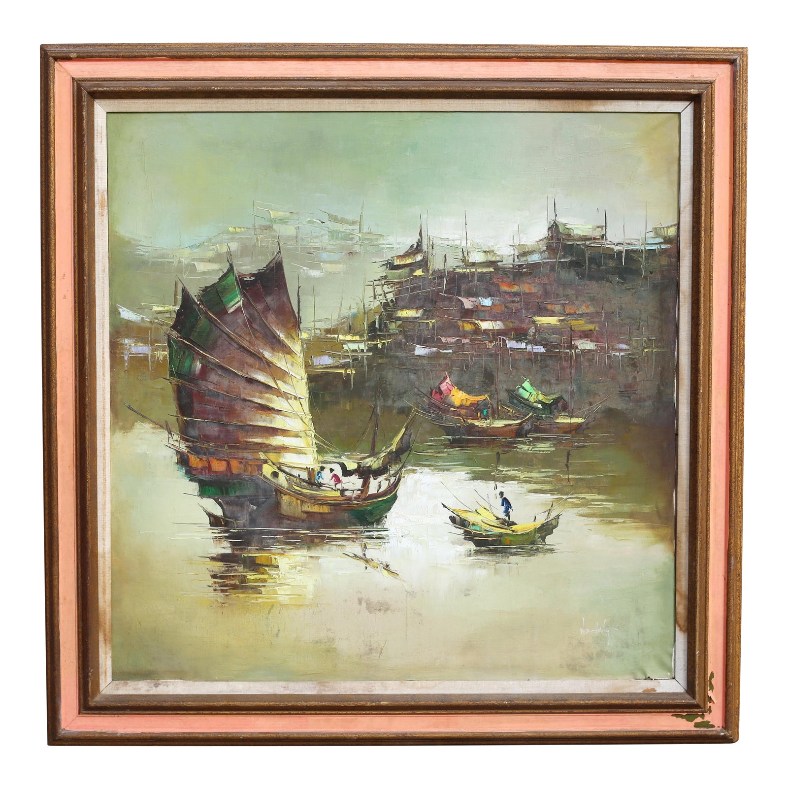 Chinese Trading Ships Oil Painting by W. S. Chiang Chairish