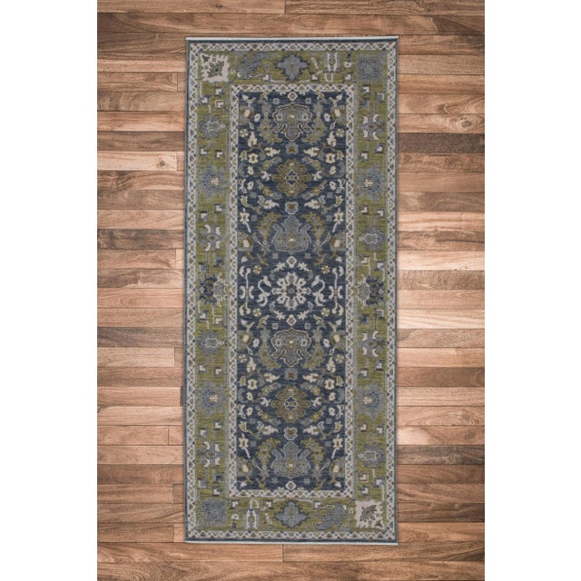 Green & Navy Handwoven Turkish Oushak Runner 2'8" X 6'4" For Sale In Houston - Image 6 of 6