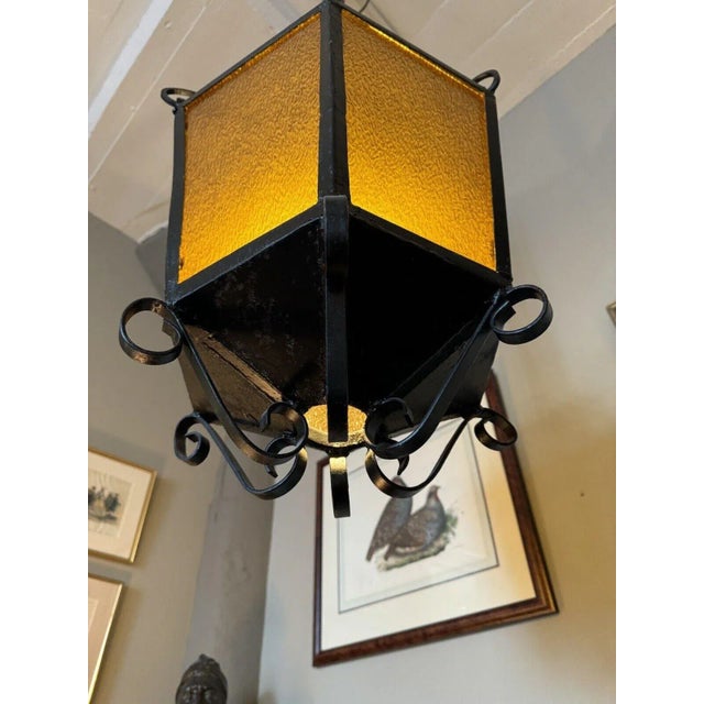 1950s Large Vintage 1950s Mediterranean Wrought Iron Amber Glass Entrance Hall Light For Sale - Image 5 of 12