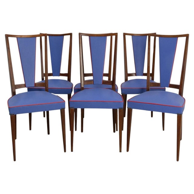 Mid-Century French Blue Red Border Dining Chairs in Teak and Skai, 1960, Set of 6 For Sale - Image 14 of 14