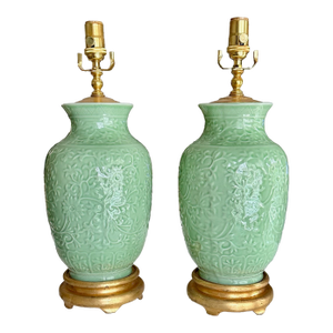 Pair Asian Celadon Green Relief Porcelain Table Lamps