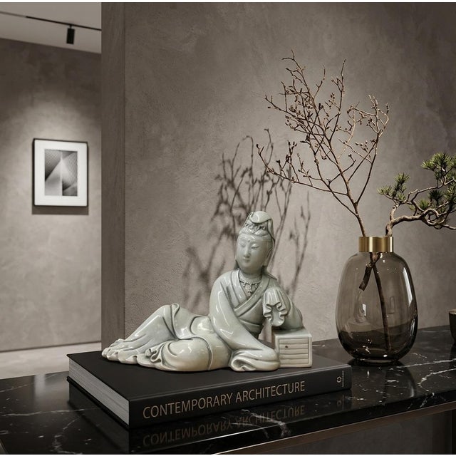 Chinese Vintage Finish Off White Porcelain Reclining Kwan Yin , Bodhisattva Statue For Sale - Image 4 of 13