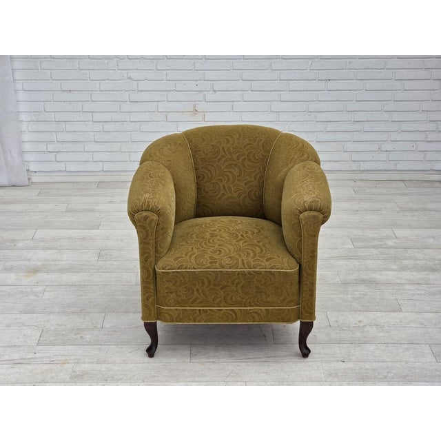 1950s, Danish relax armchair. Original light green furniture wool, oak wood legs, brass springs in the seat. Original good...