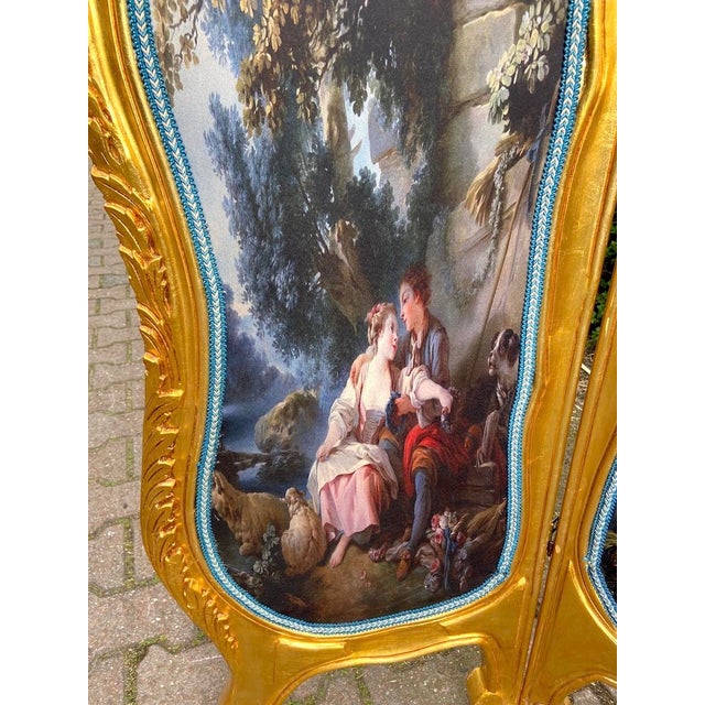 Late 20thC French Louis XVI Gilt Beech Scenic Room Divider Screen – 3 Panels For Sale - Image 9 of 18