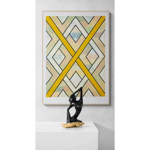 This piece features layers in various thicknesses of acrylic paint over a background of multicolored horizontal stripes in...
