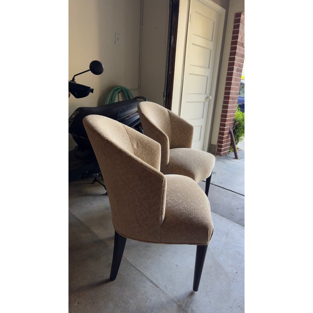Modern Pair of Donghia Shadow Arm Chairs Upholstered Fabric in Neutral Tan/Gold Subtle Leaf Pattern For Sale - Image 3 of 6